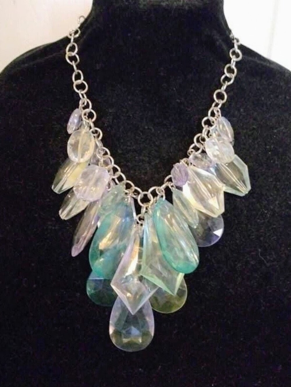 Signed R. J. Graziano blue and green lucite bib necklace